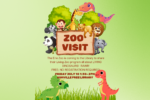 ON a green background, cartoon zoo animals and dinosaurs cavort around a sign announcing a July 10 visit from the Erie Zoo