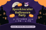 A poster promoting the Spook-tacular Halloween Party hosted by Ashville Library. It has a purple background with black haunted houses on each side and orange clouds in the upper corners. It features multiple jack-o-lanterns and a skull wearing a lighter purple witch hat with small pumpkins hanging off the side. The text reads "Ashville Library Presents A (line break) Spook-tacular Halloween Party (line break) 31 October 2026 (line break) 2 PM to 4 PM (line break) 2200 North Maple St."